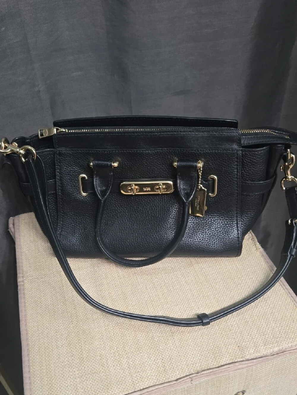 Coach Swagger 27 Black Pebbled Leather Satchel with Gold Hardware